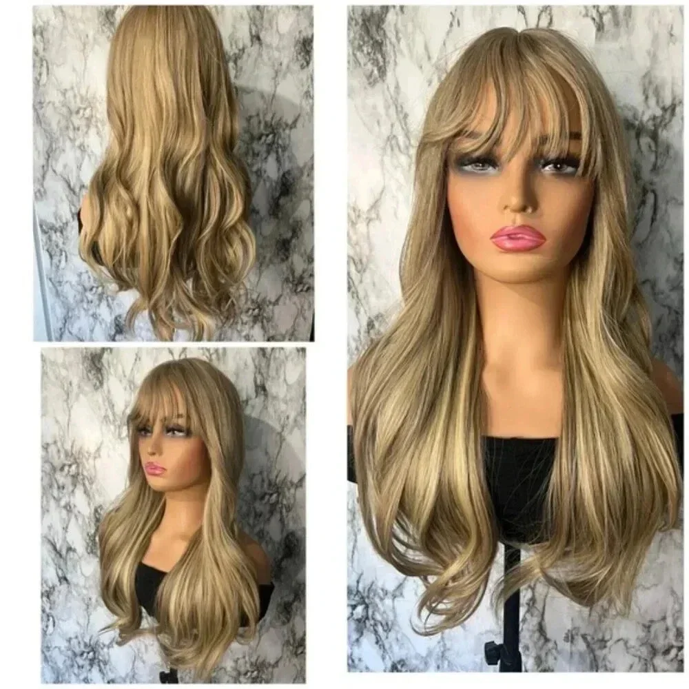 24 Inch Long Wave highlights Blonde wig with bangs